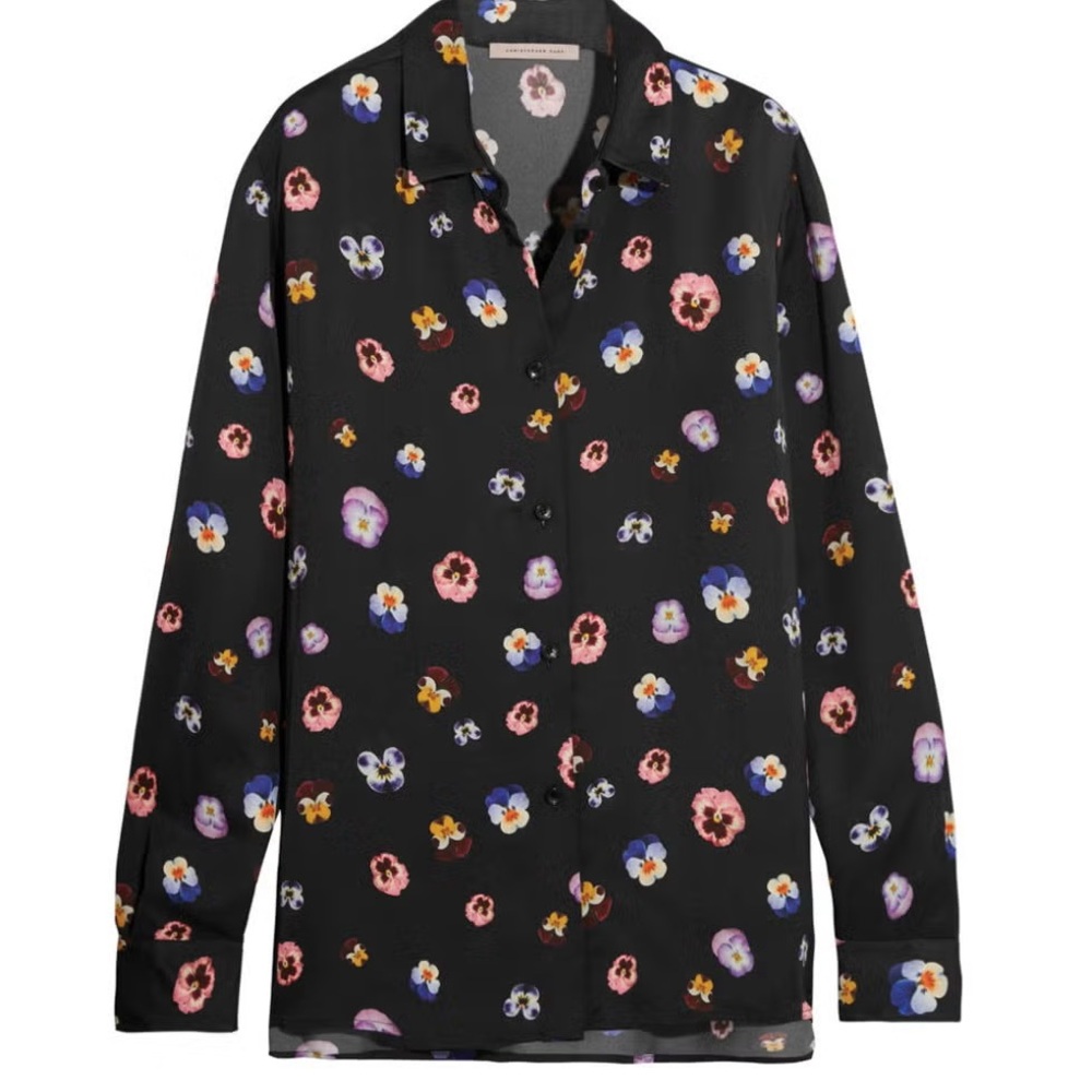 Christopher Kane Black Floral Button-Down Shirt with Pink, Purple & Blue Pansies
